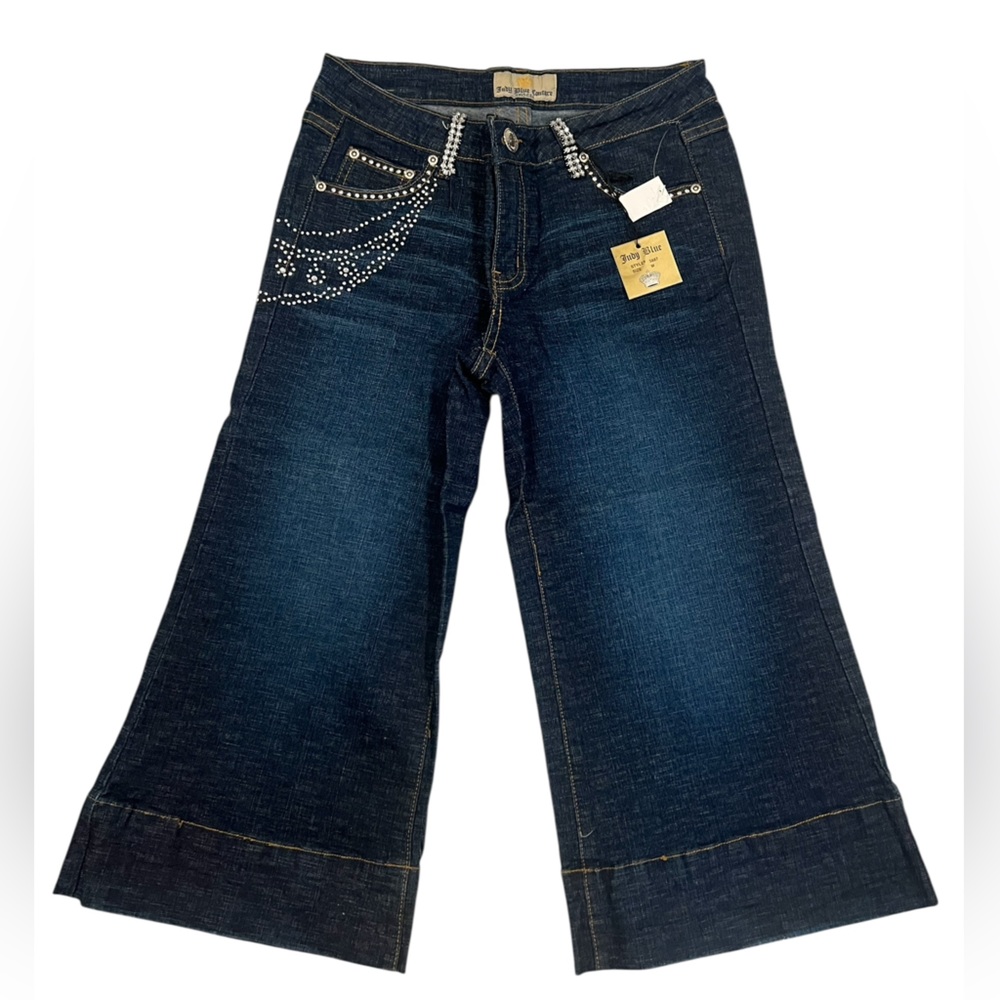 Judy Blue Couture Dark Blue Flare Cropped Jeans with Rhinestone Detail